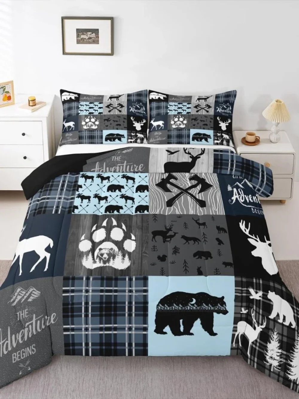 Cabin Retro Rustic Lodge Quilt King Size, Bear Deer Country Comforter Set For Ki